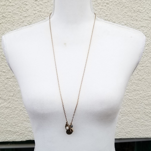 long gold tone chain necklace with luck charms wishbone feather rhinestone - Picture 3 of 3